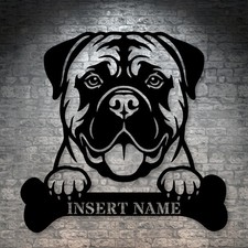 Personalized Bullmastiff Dog With Bone Metal Sign. Funny Custom Dog Name Decor