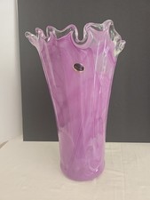 Large Italian Murano Lavorazine Blown Art Glass Lavender Ruffle Rim Vase 14.25"T