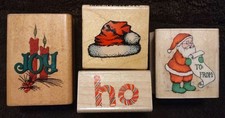 4 Wood Mounted Xmas Rubber Stamps Joy Candles, Santa's Gift List, Ho,Santa's Hat