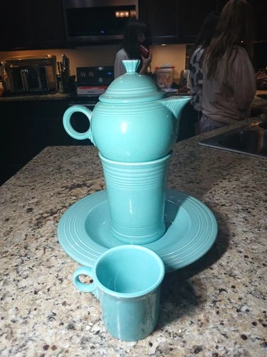 Lot Of 4 Fiestaware Turquoise 12" Pasta Bowl/Tea Pot/Coffee Mug/Utensil Crock
