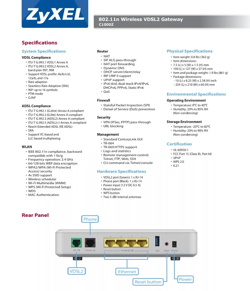 Centurylink Zyxel C1000Z VDSL2 Modem With Wireless Wi-Fi Router Fast Shipping - Image 3 of 3