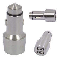 3.1 Amp Silver Dual USB Car Charger with Emergency Glass Punch Iphone Android