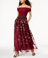 280 Nightway Women'S Red Embroidered Off-The-Shoulder Gown Dress Size 8