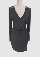 GUESS Women Bodycon Mini Dress Size 12 Black Gold Bead Long Sleeve Stretch 64P