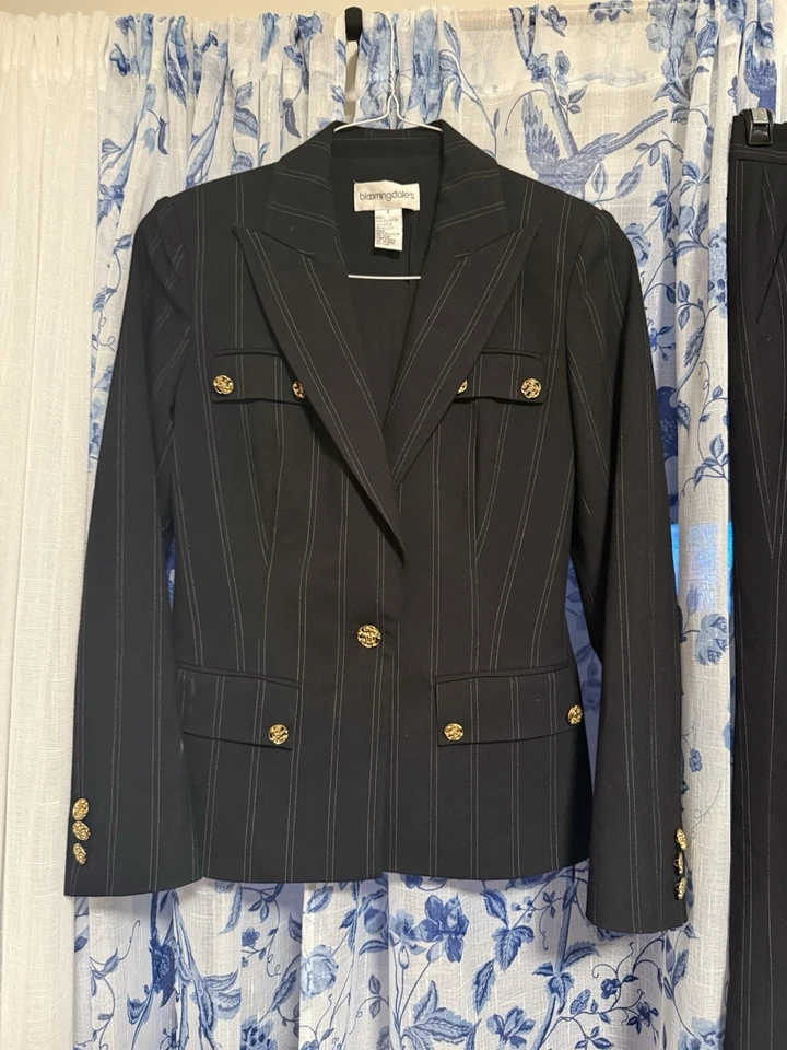 Blazer Bloomingdales Vintage Mujer Negro Rayas y Pantalón Pierna Ancha - Talla 4 Foto 2 de 4