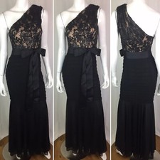  249 Cache 0 Black Lace Sequin Belted One Shoulder Tiered Maxi Dress Gown Formal