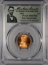 1982 Lincoln Memorial Cent Penny PCGS MS67 RD Zinc Small Date