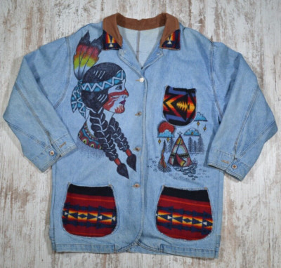 Vintage Jean Jacket Native American Artwork Custom L XL 90s VTG
