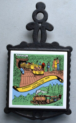 Vintage Cast Iron Souvenir Tile TRIVET ~ Pioneer Tunnel Coal Mine ~ Ashland PA