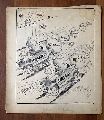 Original Oakland Tribune cartoon by ''KET'' Frank Kettlewell, Car Race Inflation