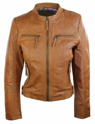 Perfecto femme blouson cuir véritable court slim marron clair col