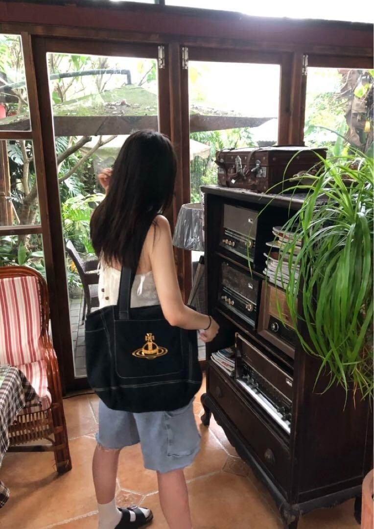 Vivienne Westwood Tote Bag Orb Metal Fittings Canvas Black