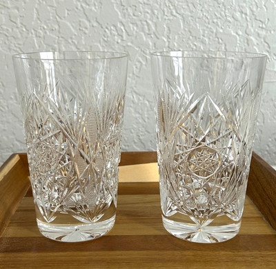 Vintage Bohemian Whirling Star Lead Crystal Highball Glasses. 5.5'' Tall. 2Pcs.