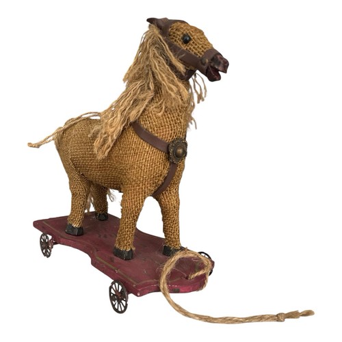 Vintage Germany Style Primitive Burlap Covered Horse Toy Pull Along W