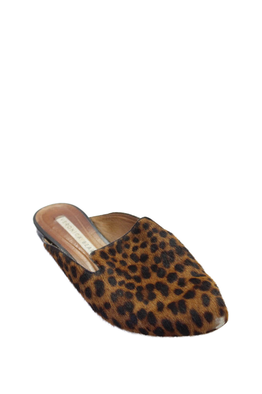Veronica Beard Womens Pony Fur Leopard Print Flat Mules Shoes Brown Size 6.5