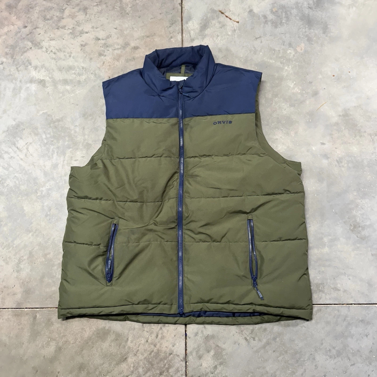 Orvis Puffer Full Zip Olive Mens XL Vest Y2K Hiking Gorp Outdoors Color Block