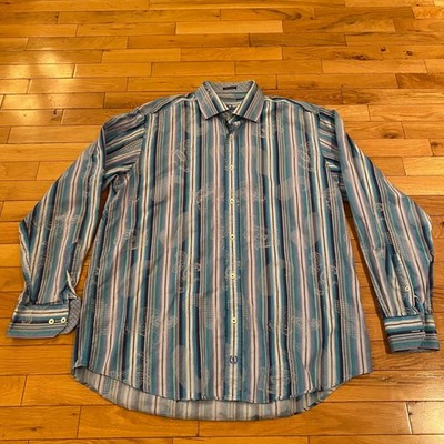Bugatchi Uomo Mens XL Classic Fit Blue Striped Paisley Long Sleeve Button Shirt