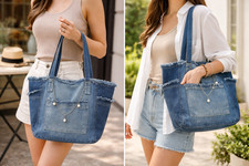 Large Denim Tote Bag for Women, Jean Shoulder Bag, Casual Everyday Shopper, Eco