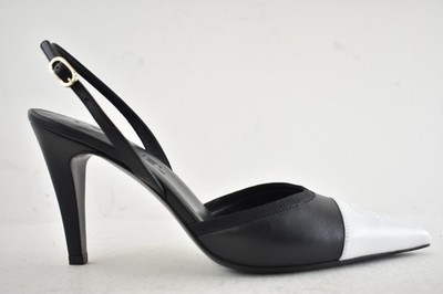 Chanel 26P Black White CC Logo Cap Pointed Toe Slingback Mule Heel