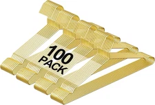 Gold Wire Metal Hangers Bulk 100 Pack with Notches for Standard Size Coats, Shir