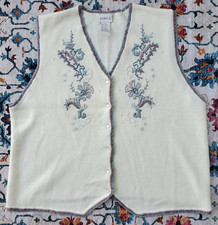 Vintage Koret Trim Embroidered Beaded Pearl Button Sweater Vest Sz L Cottagecore