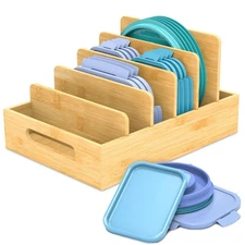 Bamboo Food Container Lid Organizer with Adjustable Dividers for Cabinet, Lid...