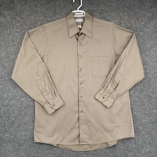 Van Heusen Button Up Shirt Men Large Tan Sateen Micro Check Long Sleeve Business
