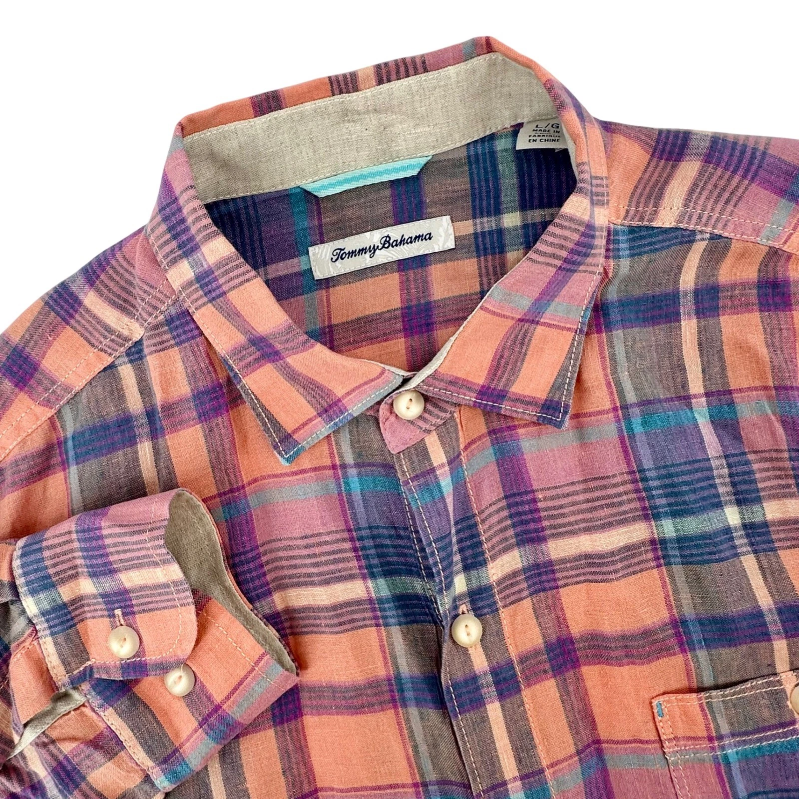 Tommy Bahama Mens Large Linen Plaid Button Up Shirt Orange Purple Long Sleeve