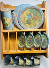 Little Red Riding Hood Tin Litho Toy Tea Set and Wooden Cupboard