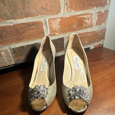 Jimmy Choo Gold Glitter Beaded Pump Stiletto Peep Toe Heels EU 39.5