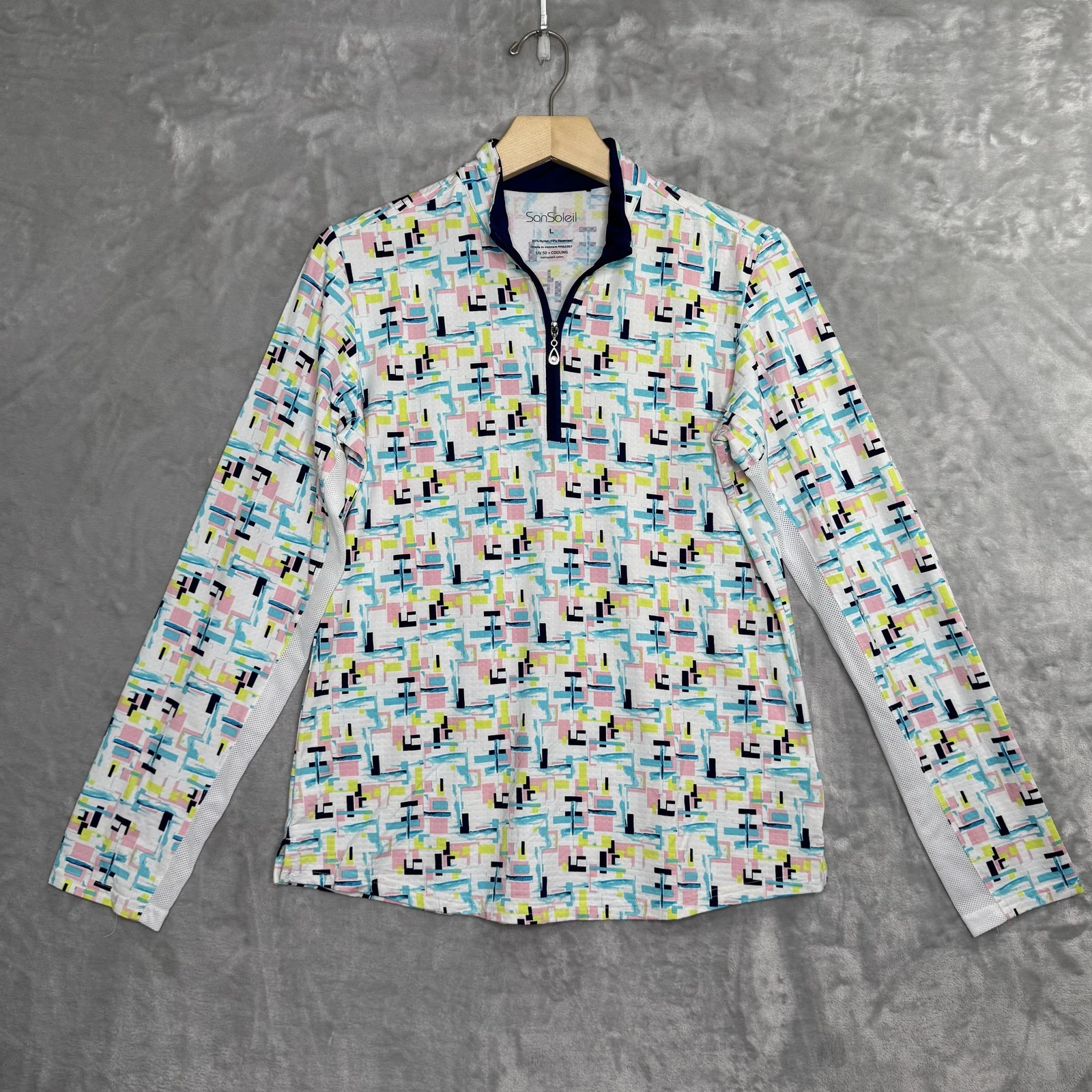SanSoleil Pullover Womens Large UV 50+ Cooling Long Sleeve Zip Geometric Golf