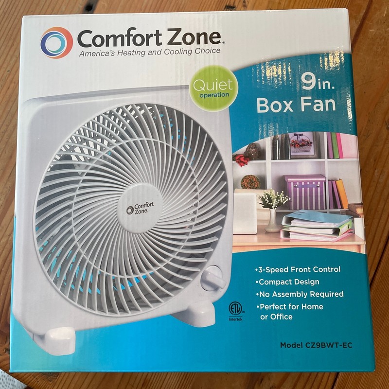 Quiet COMFORT ZONE Model CZ9BWT-EC Portable 9" Box Fan ~ White ~ 3-Speed