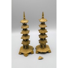 Chinese Cast Brass 5 Tier Pagoda Incense Burners Set of 2 Antique c. 1900