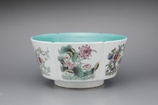 Large Six-Sided Bowl with Floral Design and Green Glaze