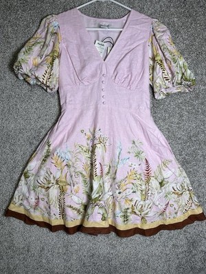 Rachel Zoe Pink Floral Linen Blend Dress Puff Sleeve Womens Small NWT