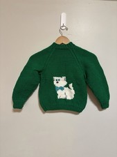 Vintage 50s Green Cat Cowichan Cardigan Theme Sweater Size Youth Large USA Made