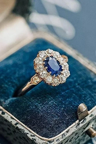 2.20 Ct Oval Cut Blue Sapphire Art Deco Vintage Wedding Ring 14K Yellow Gold FN