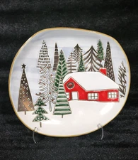 4 ELK RIDGE Winter Trees Cabin Christmas Salad Plates 8" Ceramic ELI + ANA Snow