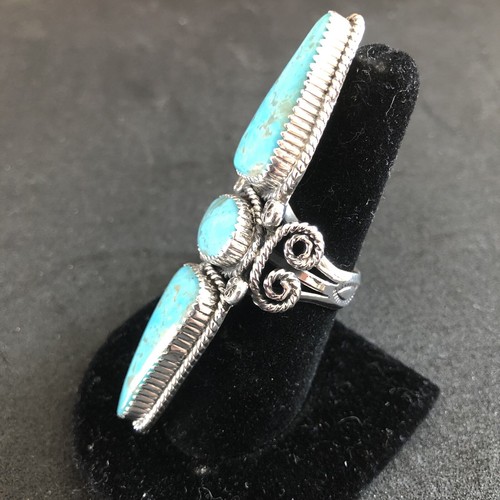 Anillo Kingman 3 Piedras HG Turquesa Plata de Ley Firmado W Denetdale Talla 9 0082 - Imagen 3 de 4