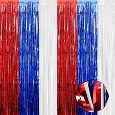 3 Pack White Blue Red Foil Fringe Curtain Backdrop 3.28Ft x6.6Ft Metallic Tin...