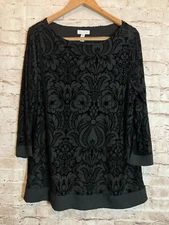 Charter Club Top Womens XL Black Velvet Burnout Jacquard Print Tunic Stretch