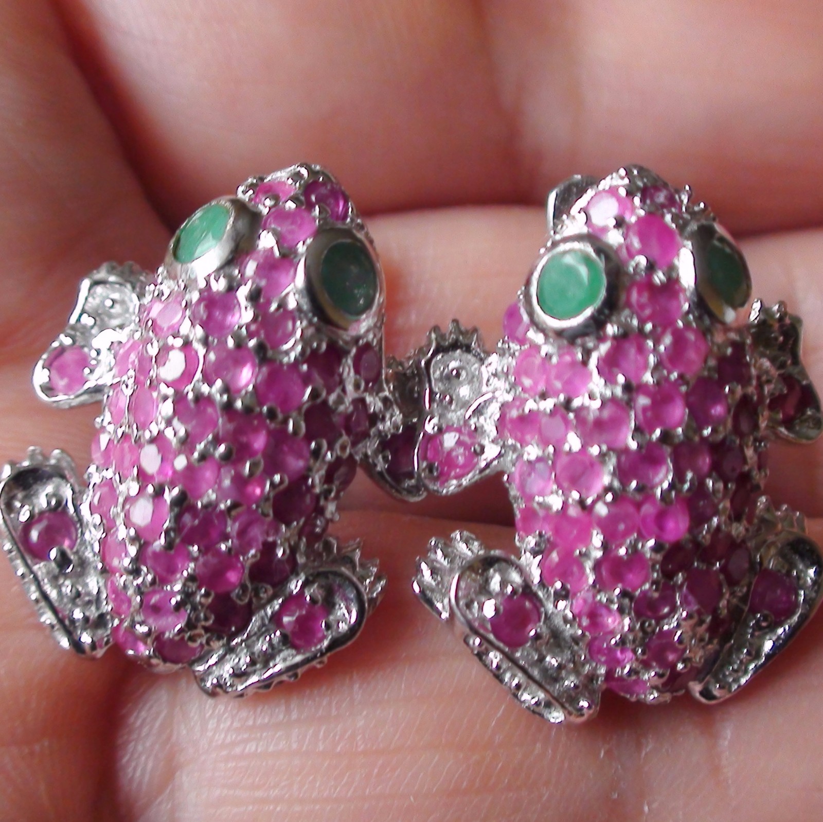 BIG! FROG SHAPE NATURAL RUBY,EMERALD EARRINGS 925… - image 2