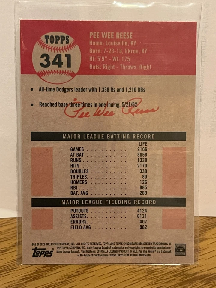 2022 Topps Chrome Platinum Pee Wee Reese #341 - Brooklyn Los Angeles Dodgers - Image 2 of 2