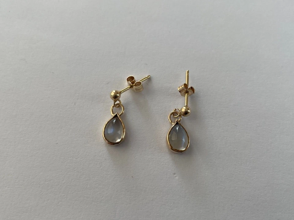 Moonstone Earrings 9ct Gold Dangle Stud Moonstone Gold Vintage Earrings - Image 3 of 4