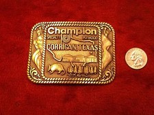 MINT COND VTG SOLID BRASS BELT BUCKLE "CHAMPION SPECIALTY PLYWOOD" HTS, TX 