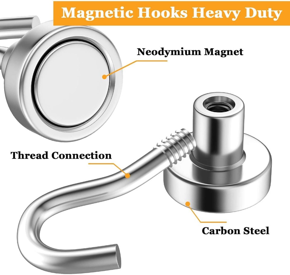 25 Lb Heavy Duty Neodymium Magnetic Hooks - Strong Silver Hooks For Fridge, Whiteboard, Cruise