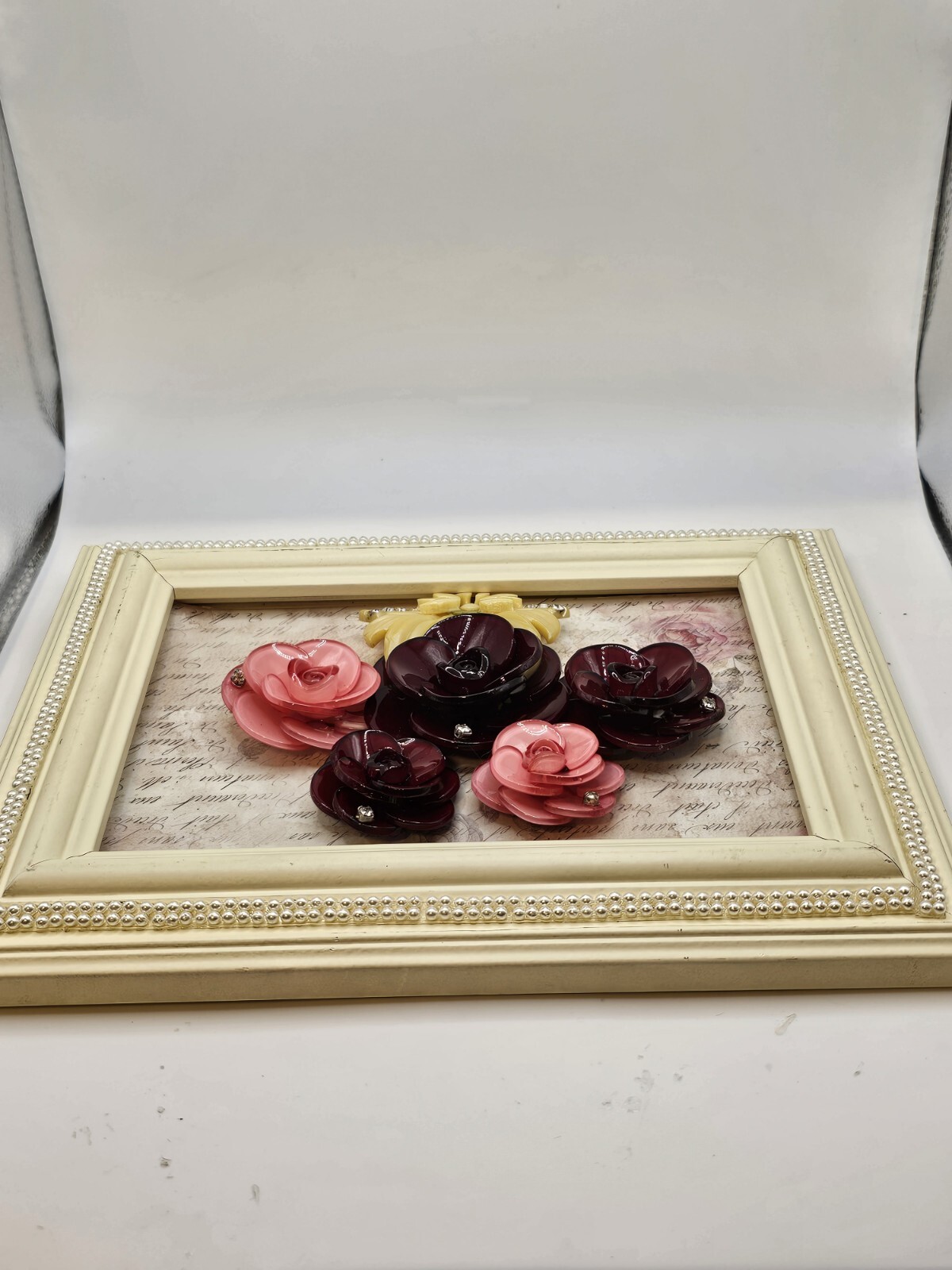 3D Framed Jewelry Art Mixed Media Vtg Contemporary Floral Faux Pearl OOAK Signed