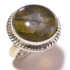 Fire Labradorite Round Natural Gemstone Handmade Rope Bezel Ring US-6.5 N5812
