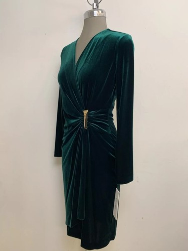 New Size 6 Calvin Klein Elegant GREEN Velvet Faux Wrap Easy Fit Sheath Dress - Picture 6 of 7