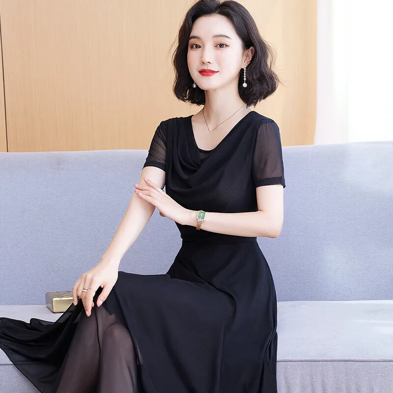Women Mesh Dress Pleated Long Sleeve Midi Dress A-line Party Half Dress  Elegant